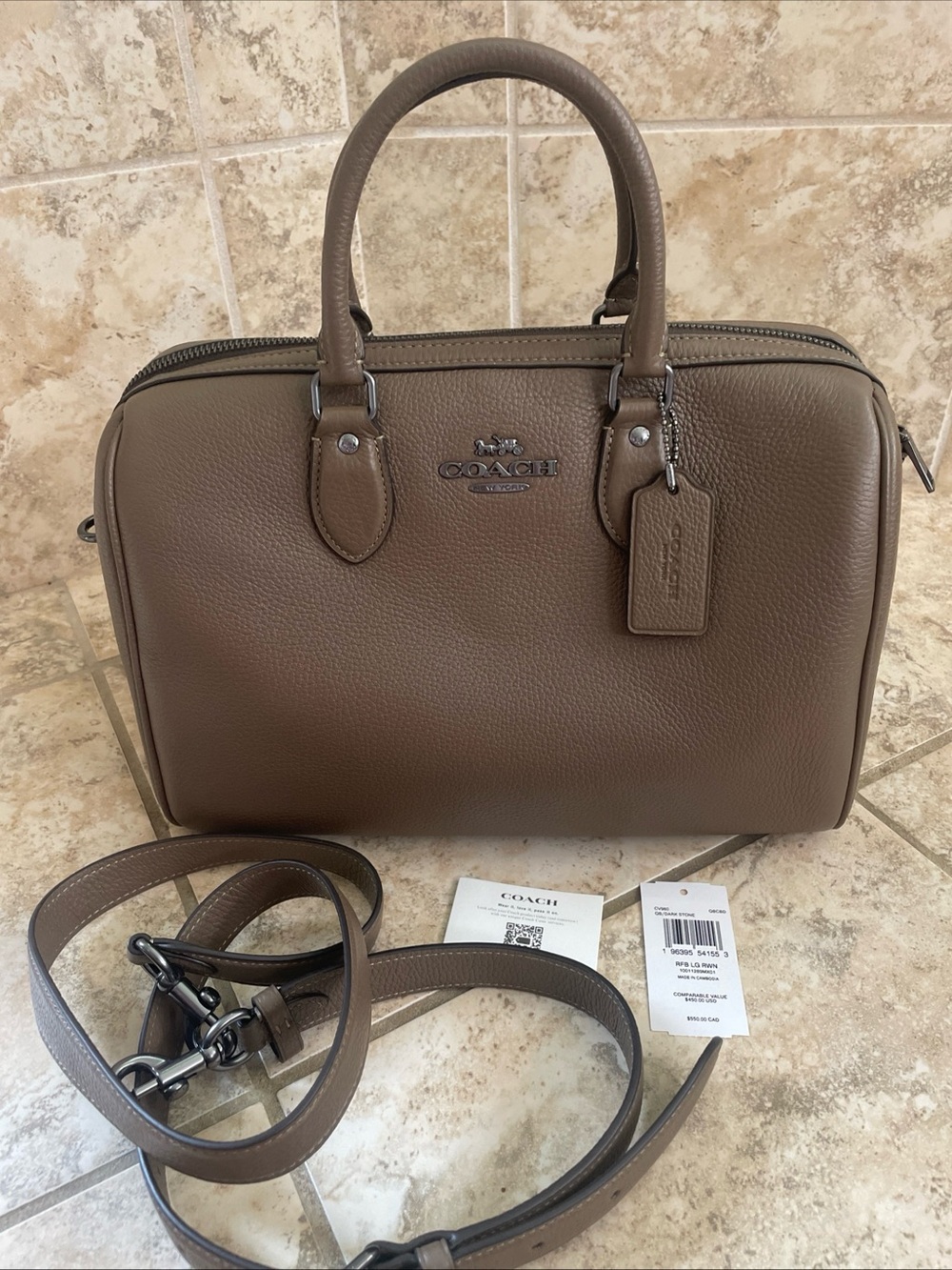Coach Rowan Large Satchel Bag Crossbody In Leather Dark Stone CV960 NWT